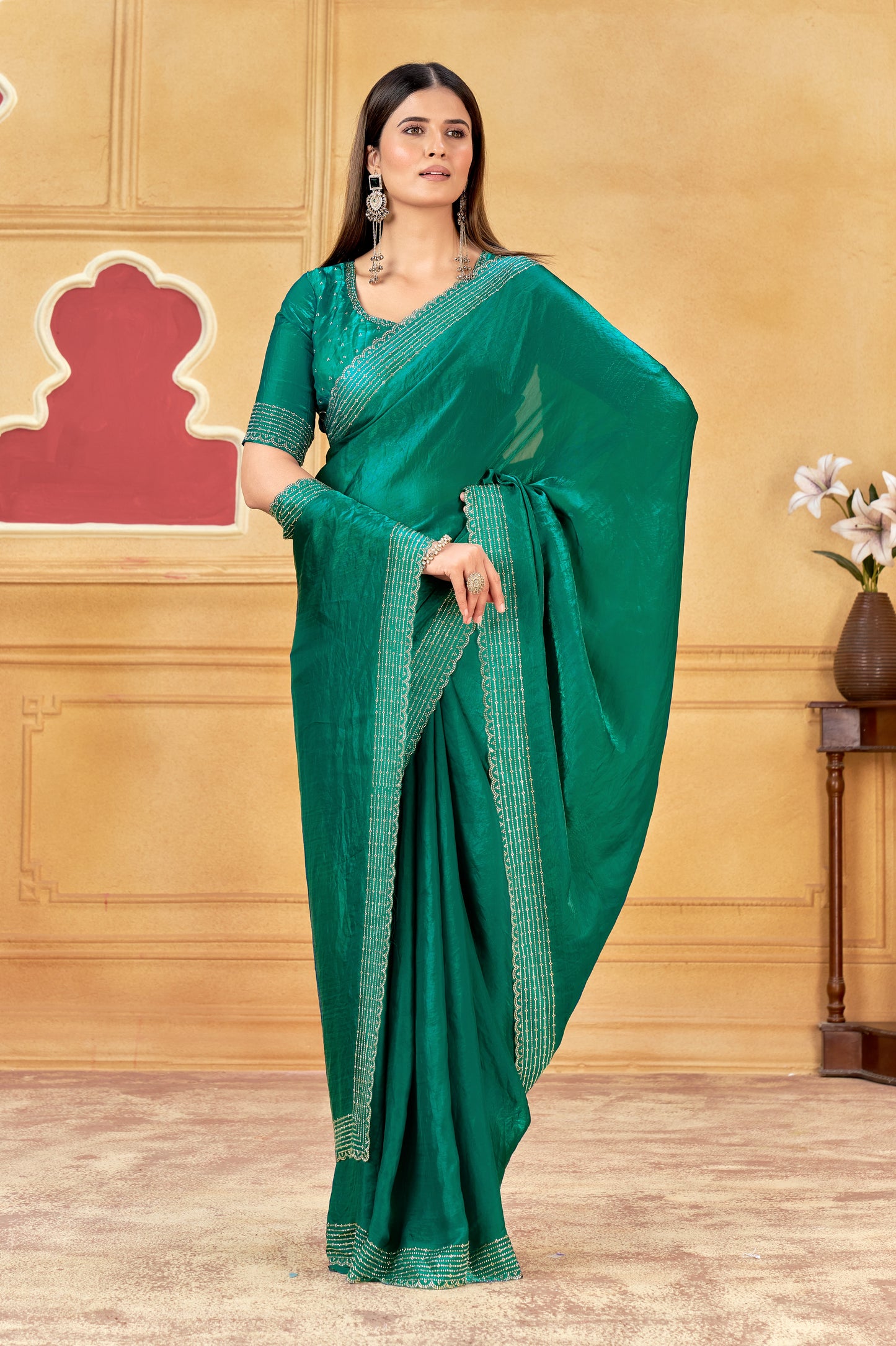 Emerald Green Premium Saree & Blouse(Unstitched)