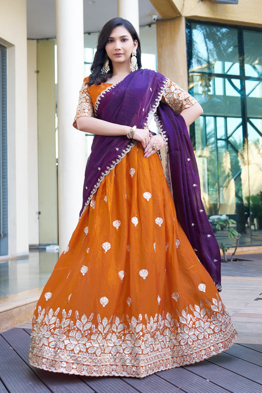 Orange Embroidered Lehenga Choli with Purple Dupatta & Blouse(Unstitched) | Premium Partywear & Wedding Collection