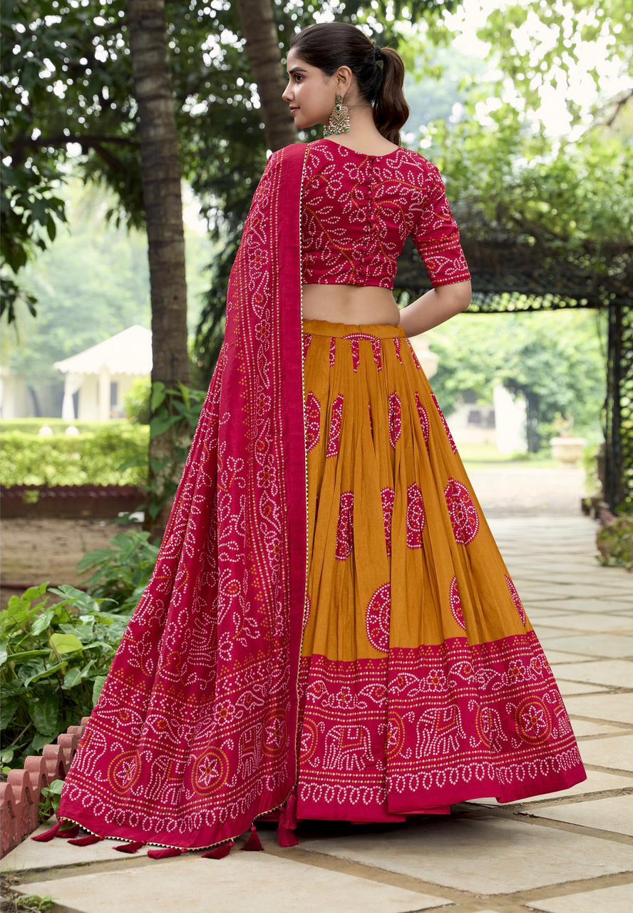 ATTRACTIVE PINK BANDHANI PRINTED TUSSAR SILK FESTIVAL WEAR LEHENGA CHOLI