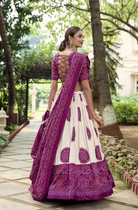 White Dola Silk Lehenga Choli with Purple Blouse & Dupatta | Bandhej & Patola Print
