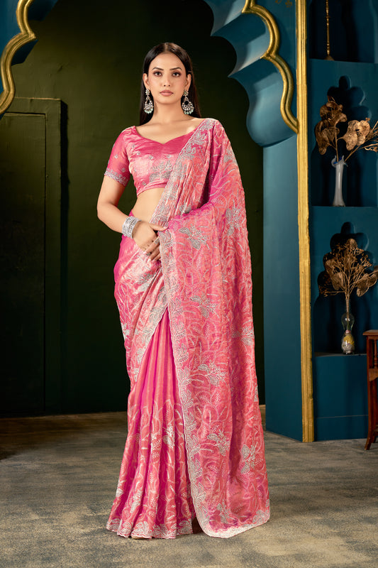 Premium Pink Embroidered Saree with Heavy Work | Festive & Party Wear Saree for Women