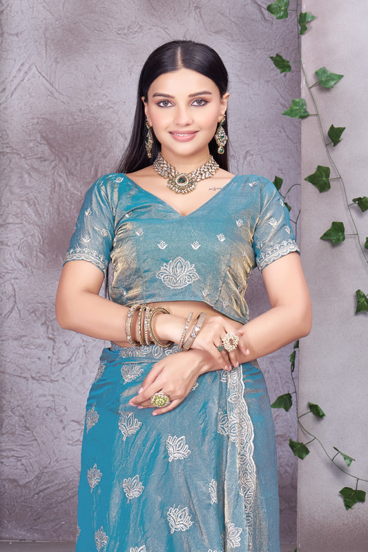 Premium Teal Blue Embroidered Designer Saree With Heavy Lace Border