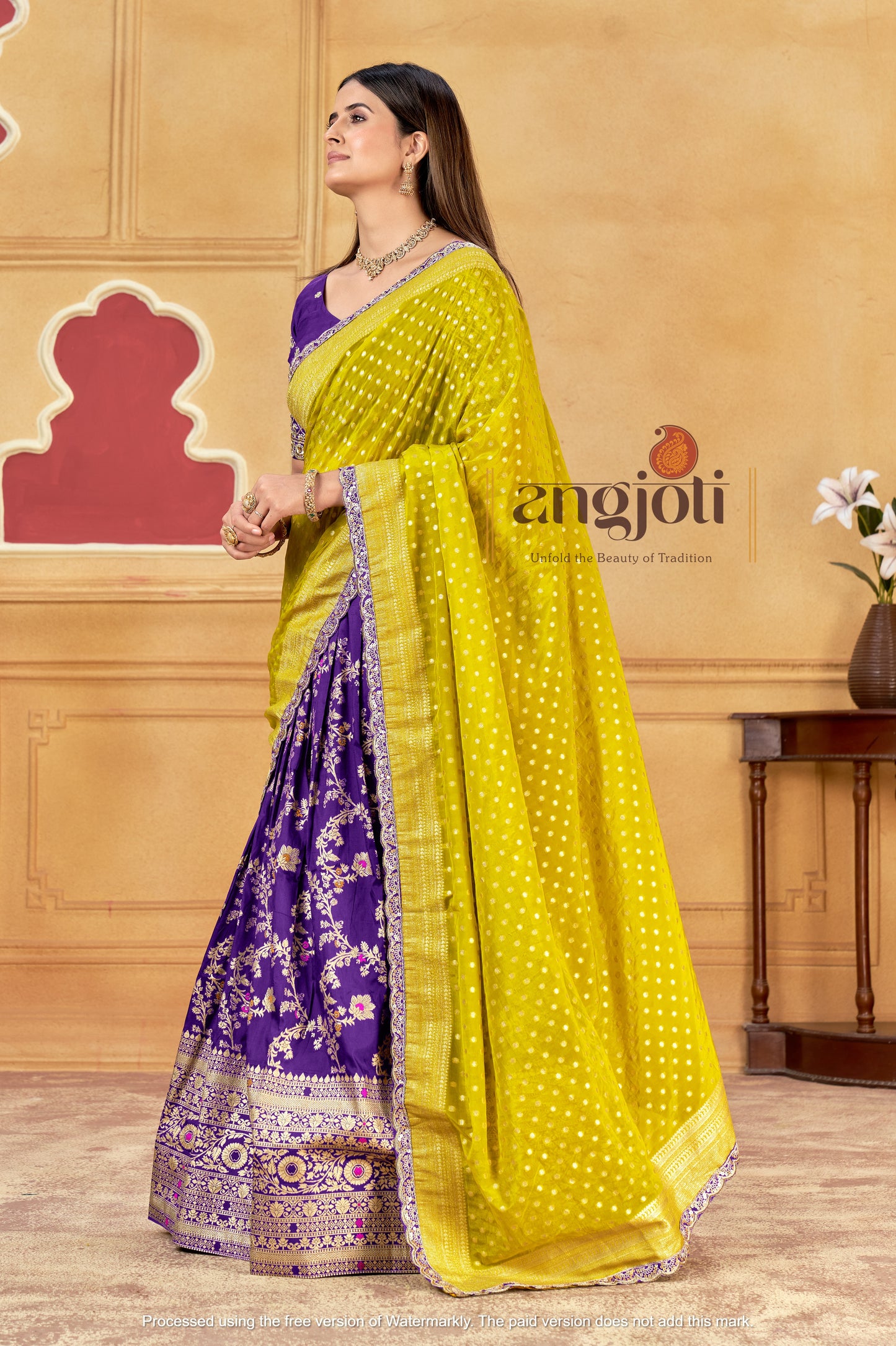 Designer Silk Lehenga with matching blouse and yellow dupatta