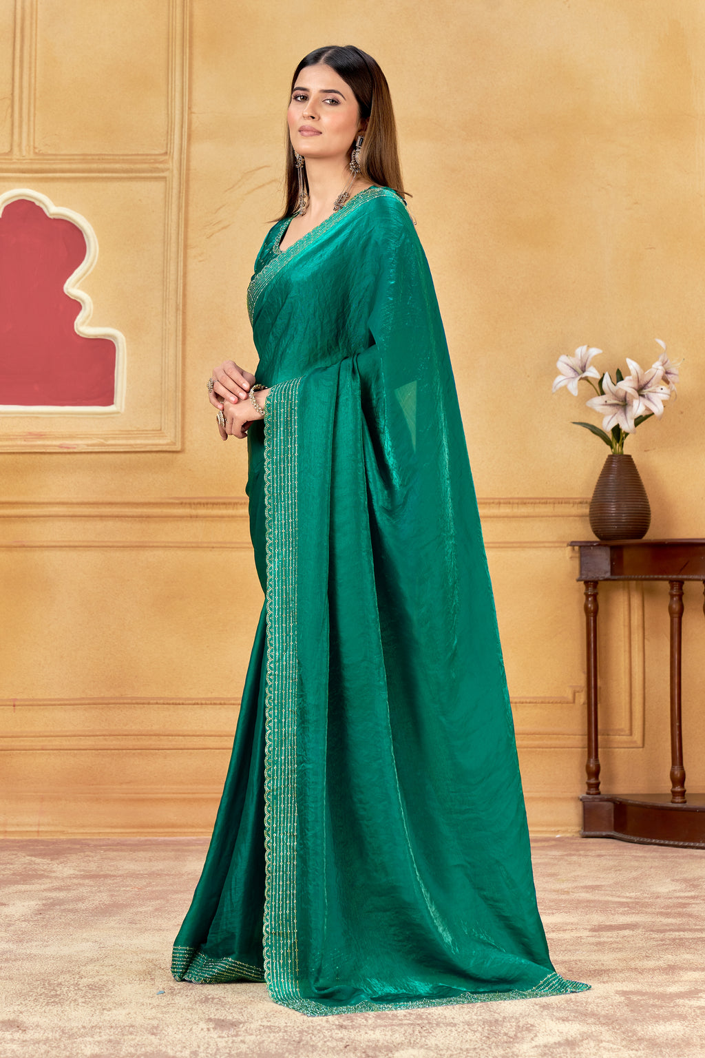 Emerald Green Premium Silk Saree With Embellished Border & Designer Blouse