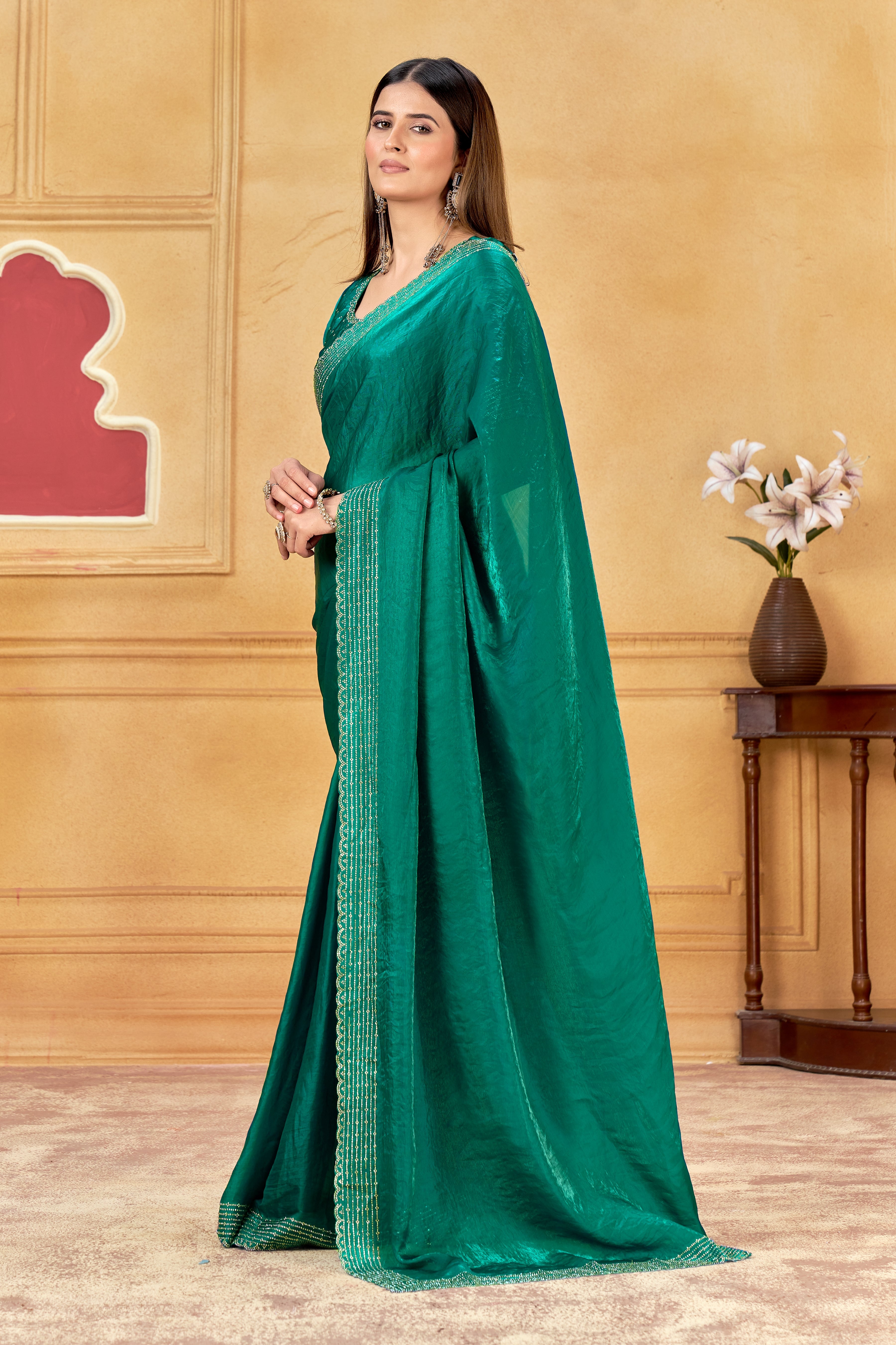 Emerald Green Premium Silk Saree With Embellished Border & Designer Blouse