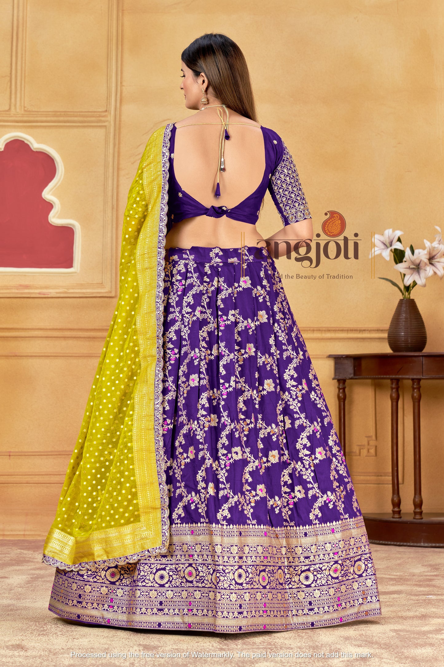 Designer Silk Lehenga with matching blouse and yellow dupatta