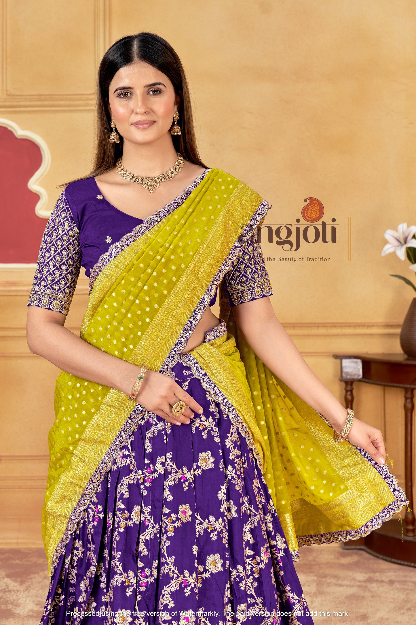 Designer Silk Lehenga with matching blouse and yellow dupatta