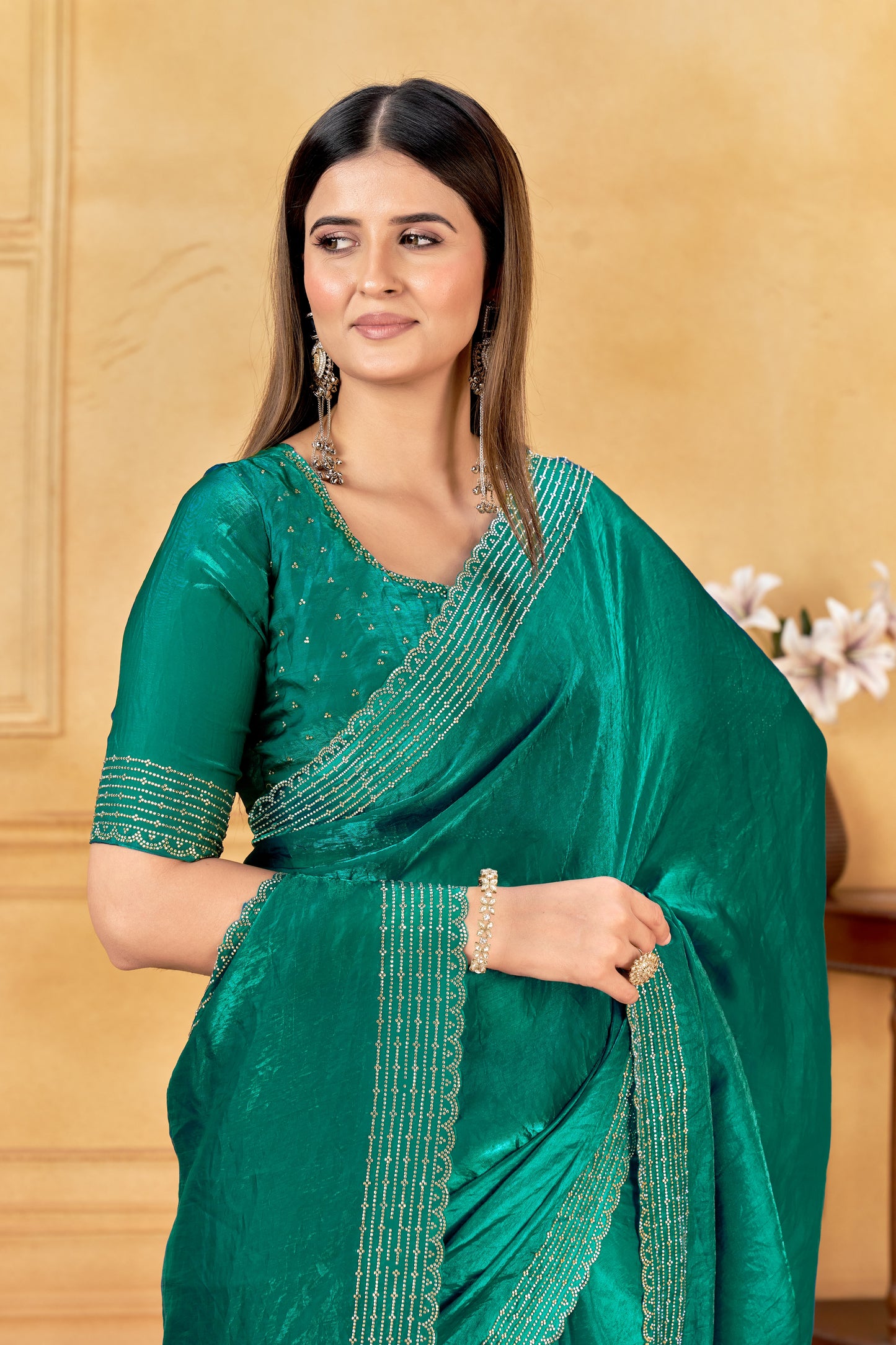 Emerald Green Premium Saree  & Blouse(Unstitched)