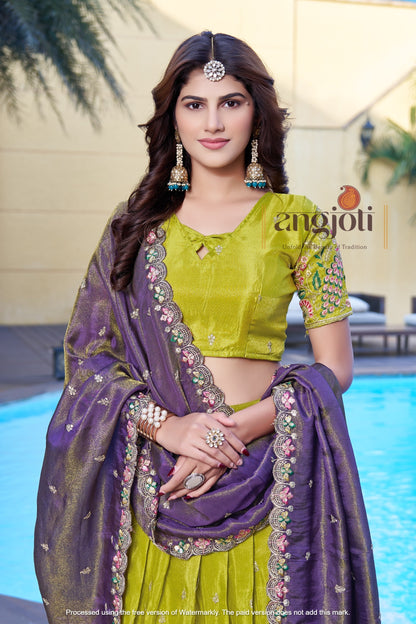 Yellow Embroidered Lehenga Choli with Purple Zari Dupatta | Designer Wedding & Partywear Set