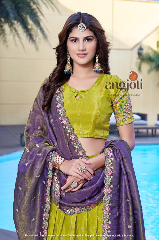 Yellow Embroidered Lehenga Choli with Purple Zari Dupatta | Designer Wedding & Partywear Set