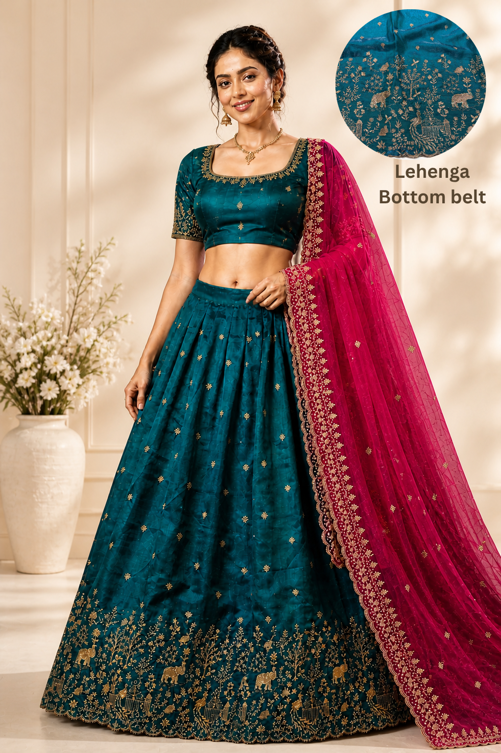 Women Gold Embroidery Work Lehenga Choli with Magenta Dupatta