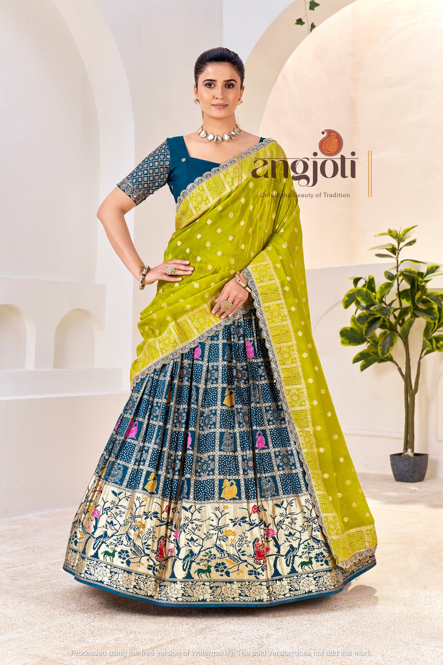 Premium Silk Lehenga Choli Navy Blue with Zari Weaving & Yellow Dupatta & Maching Blouse (Unstitched)