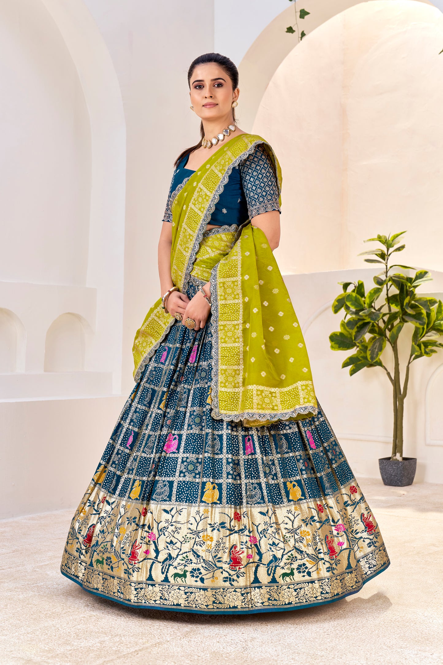 Premium Silk Lehenga Choli Navy Blue with Zari Weaving & Yellow Dupatta & Maching Blouse (Unstitched)