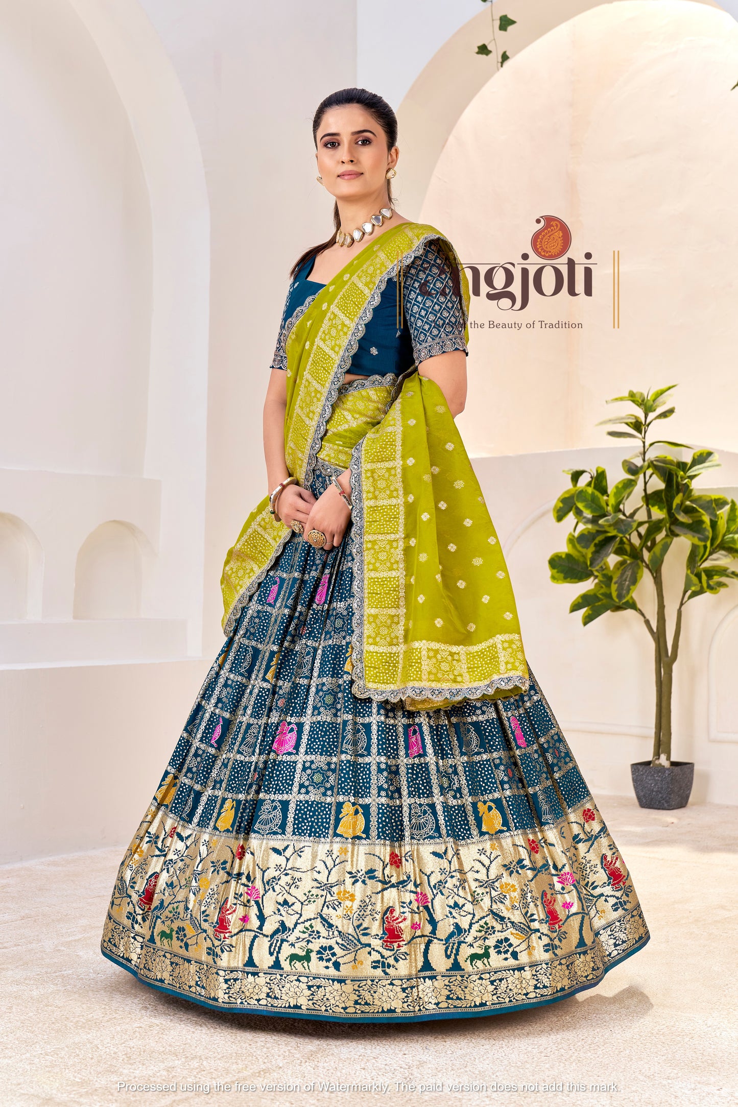 Premium Silk Lehenga Choli Navy Blue with Zari Weaving & Yellow Dupatta & Maching Blouse (Unstitched)