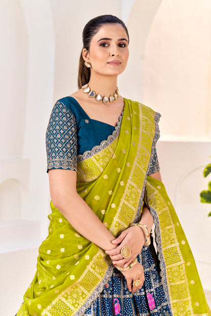 Premium Silk Lehenga Choli Navy Blue with Zari Weaving & Yellow Dupatta & Maching Blouse (Unstitched)