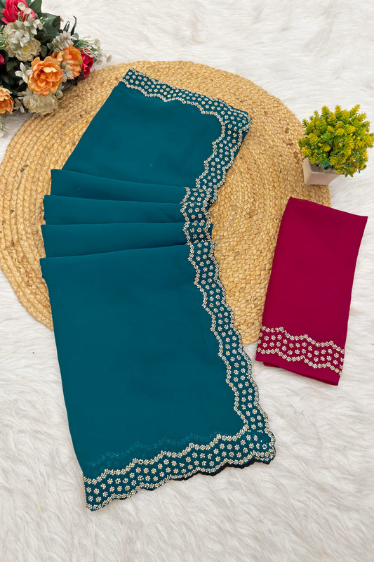 Elegant Teal Green Designer Saree with Embelished Lace Border & Contrast Blouse