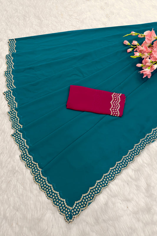 Elegant Teal Green Designer Saree with Embelished Lace Border & Contrast Blouse
