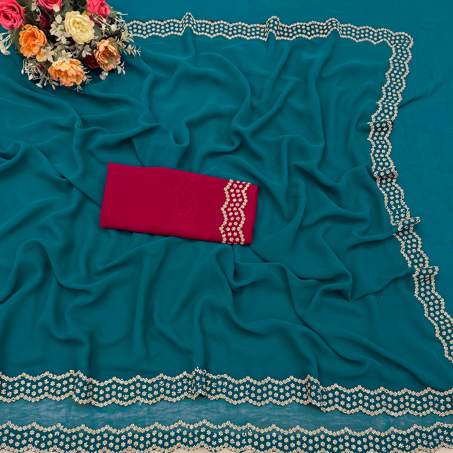 Elegant Teal Green Designer Saree with Embelished Lace Border & Contrast Blouse