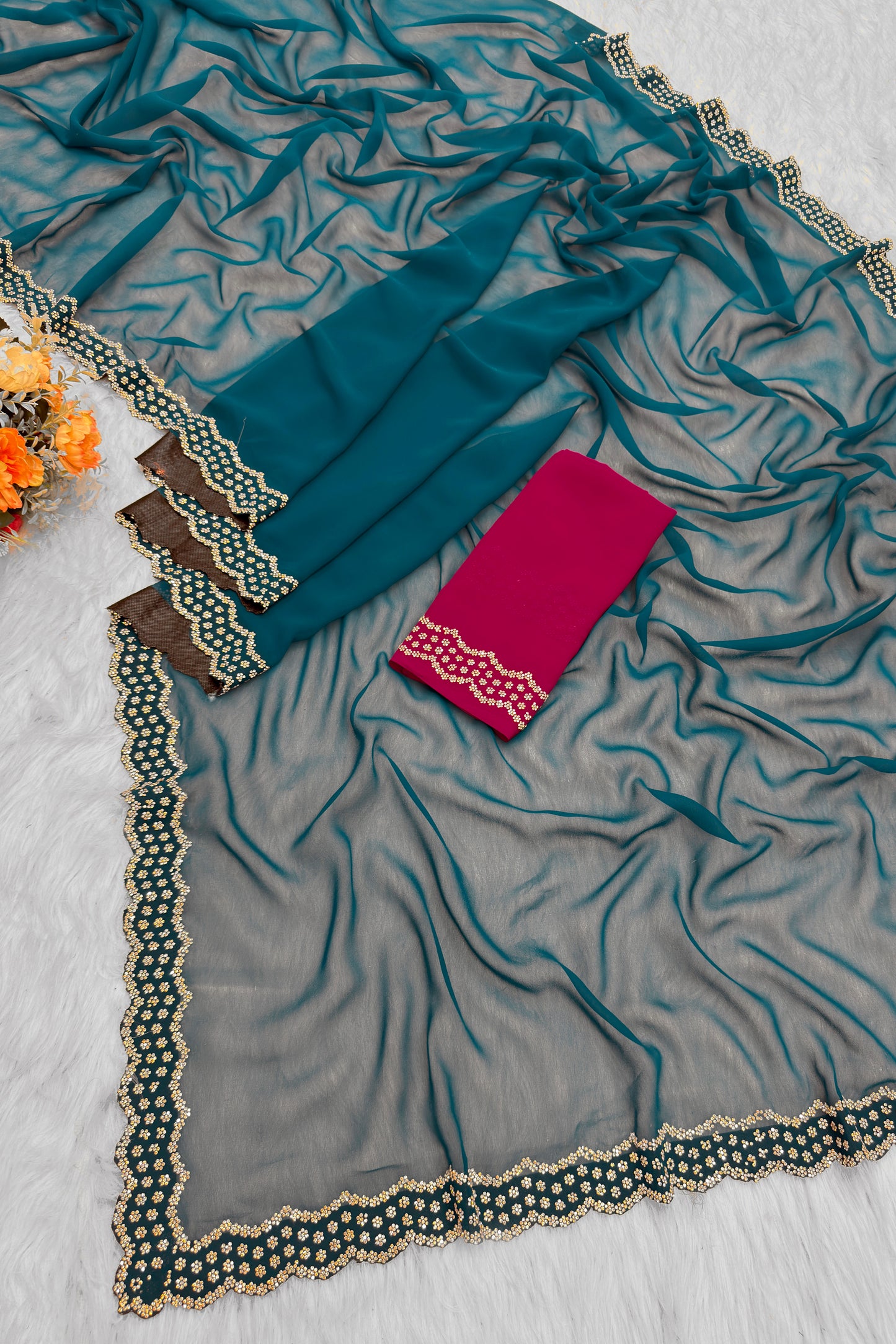 Elegant Teal Green Designer Saree with Embelished Lace Border & Contrast Blouse
