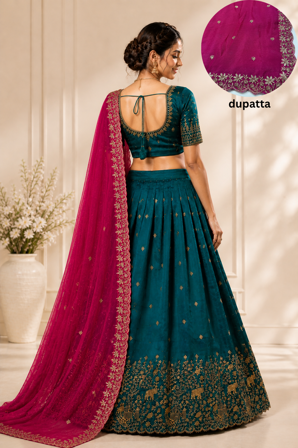 Women Gold Embroidery Work Lehenga Choli with Magenta Dupatta