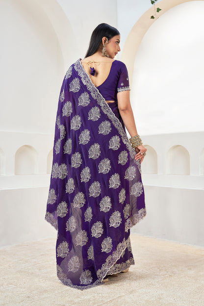 Purple Designer Embroidered Saree with Blouse(Unstitched) – Premium Partywear Saree for Weddings & Festive Occasions