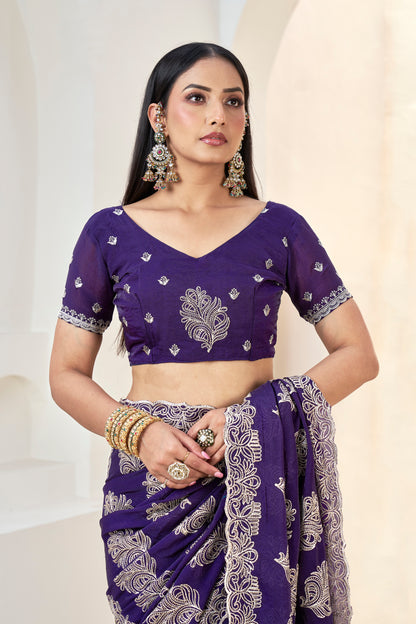Purple Designer Embroidered Saree with Blouse(Unstitched) – Premium Partywear Saree for Weddings & Festive Occasions