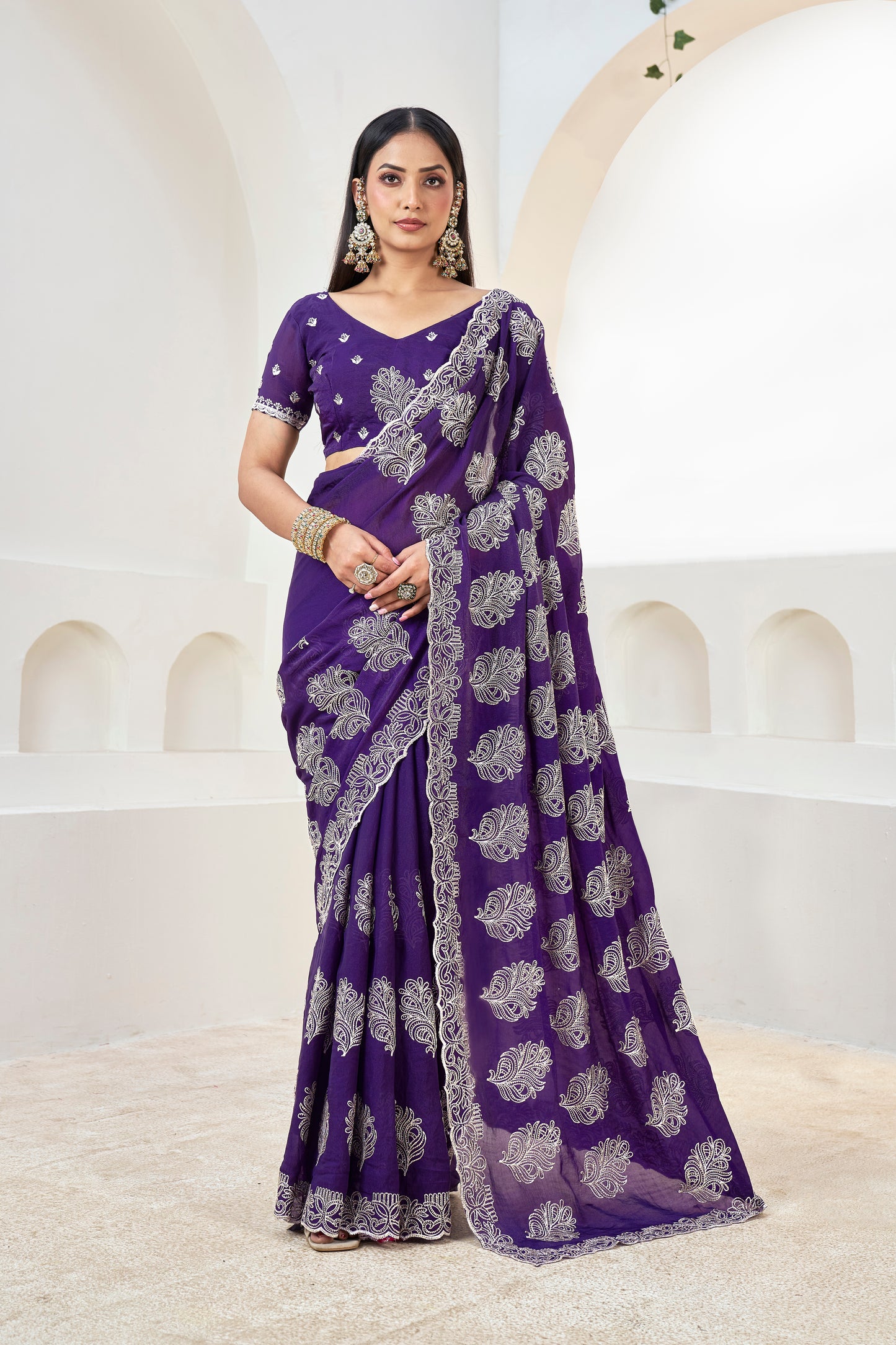 Purple Designer Embroidered Saree with Blouse(Unstitched) – Premium Partywear Saree for Weddings & Festive Occasions