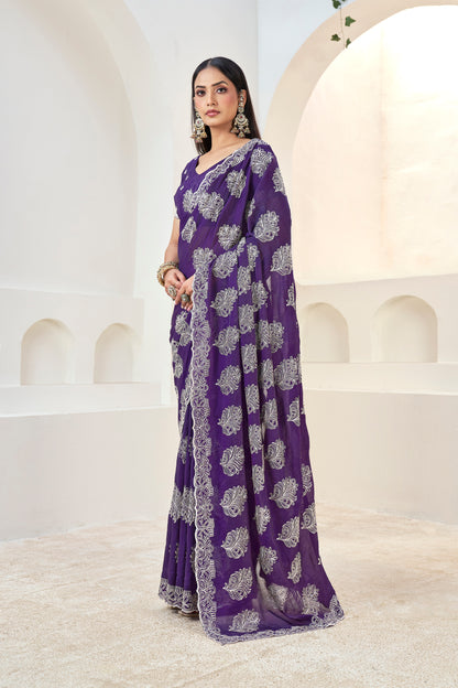 Purple Designer Embroidered Saree with Blouse(Unstitched) – Premium Partywear Saree for Weddings & Festive Occasions
