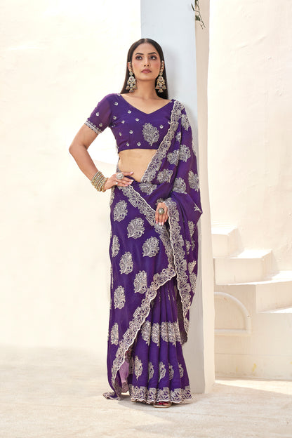 Purple Designer Embroidered Saree with Blouse(Unstitched) – Premium Partywear Saree for Weddings & Festive Occasions