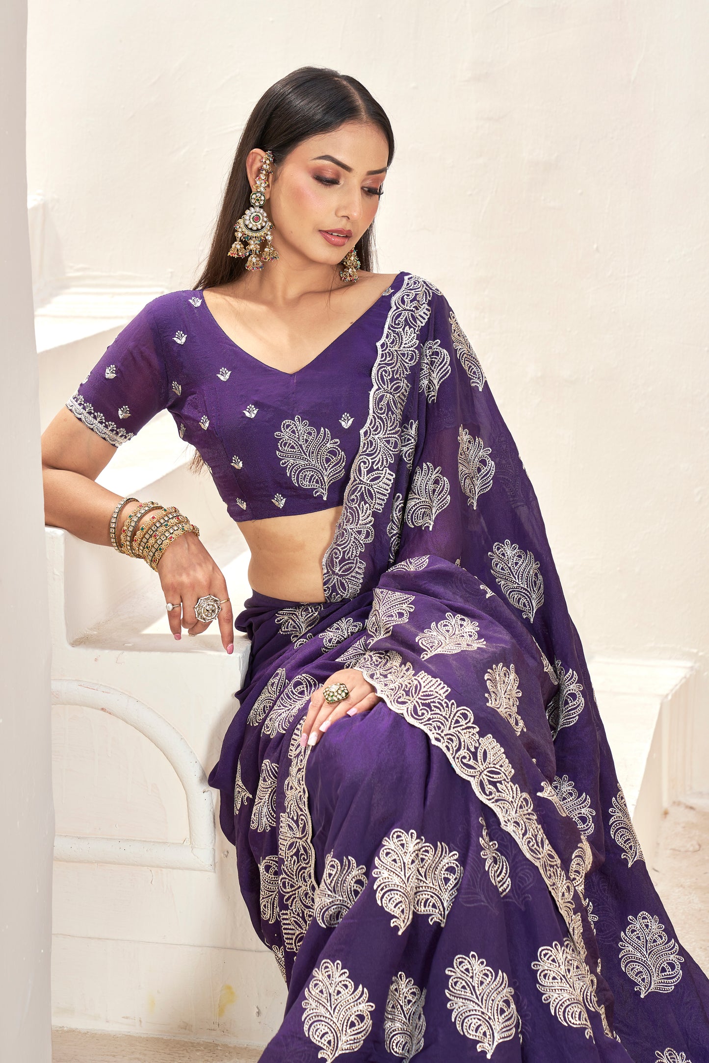 Purple Designer Embroidered Saree with Blouse(Unstitched) – Premium Partywear Saree for Weddings & Festive Occasions