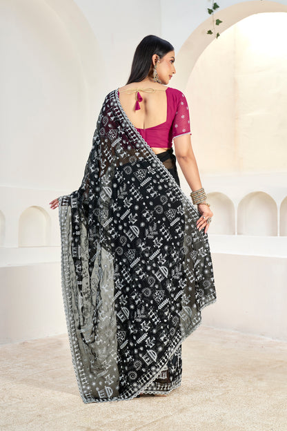 Black Saree with White Embroidery Works & Pink Blouse(Unstitched)