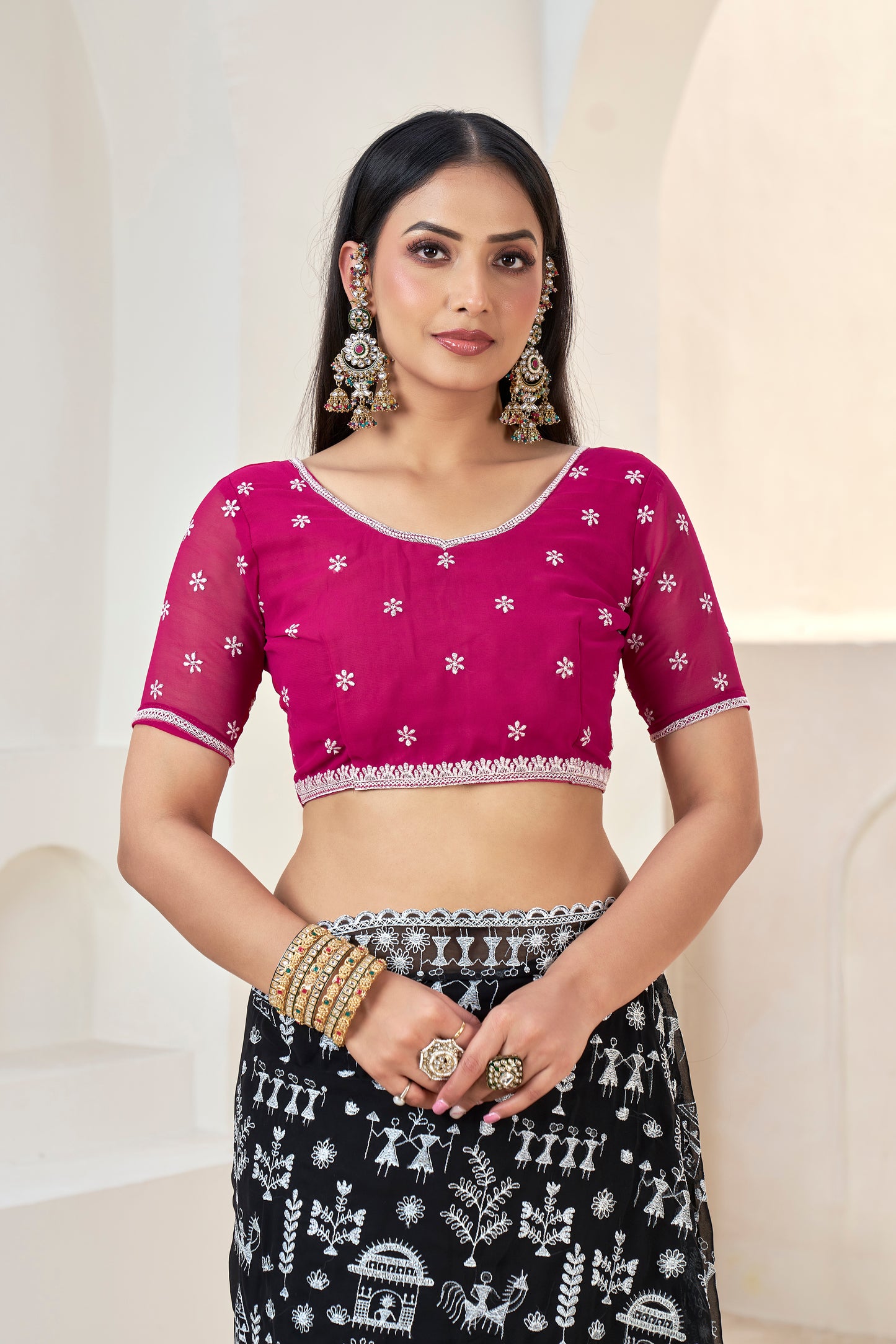 Black Saree with White Embroidery Works & Pink Blouse(Unstitched)