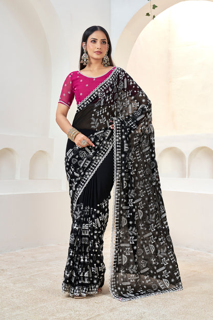Black Saree with White Embroidery Works & Pink Blouse(Unstitched)