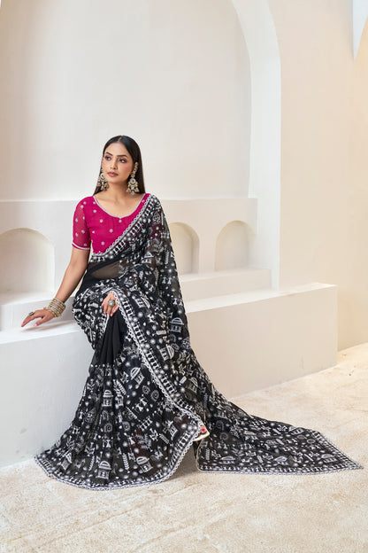 Black Saree with White Embroidery Works & Pink Blouse(Unstitched)