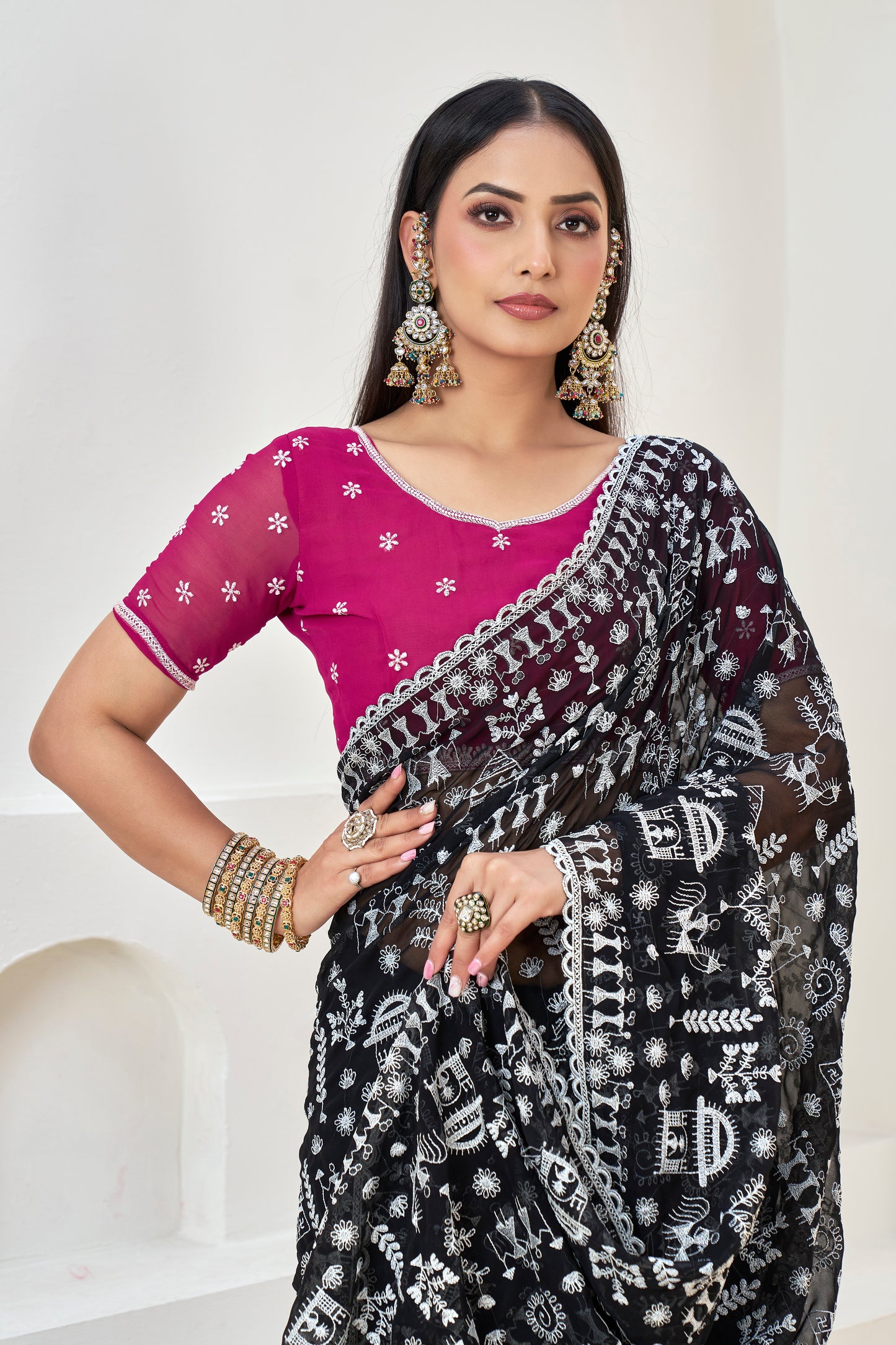 Black Saree with White Embroidery Works & Pink Blouse(Unstitched)