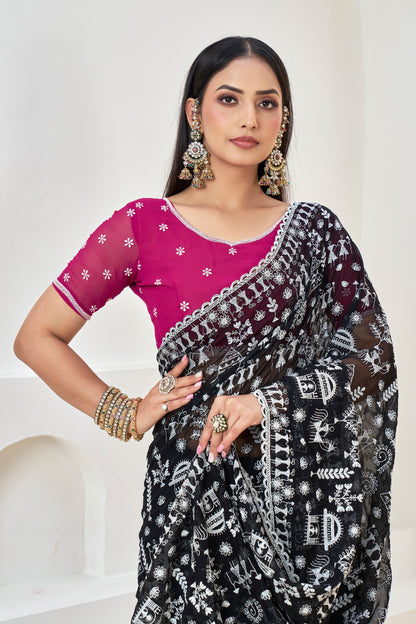 Black Saree with White Embroidery Works & Pink Blouse(Unstitched)