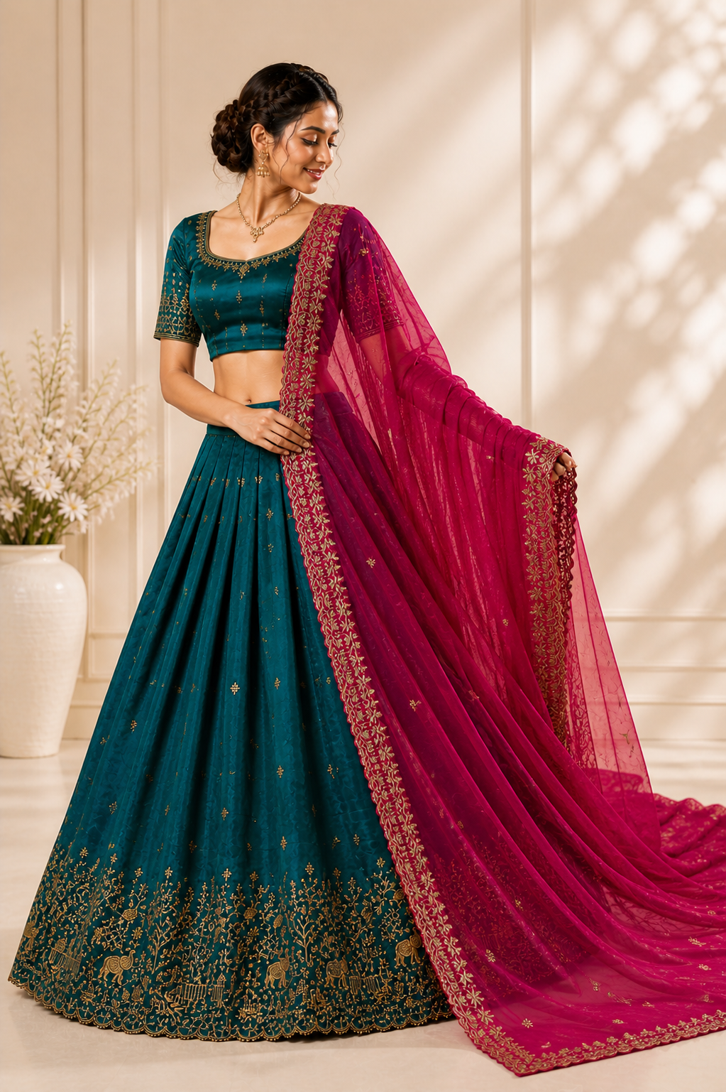 Women Gold Embroidery Work Lehenga Choli with Magenta Dupatta