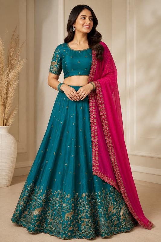 Women Gold Embroidery Work Lehenga Choli with Magenta Dupatta