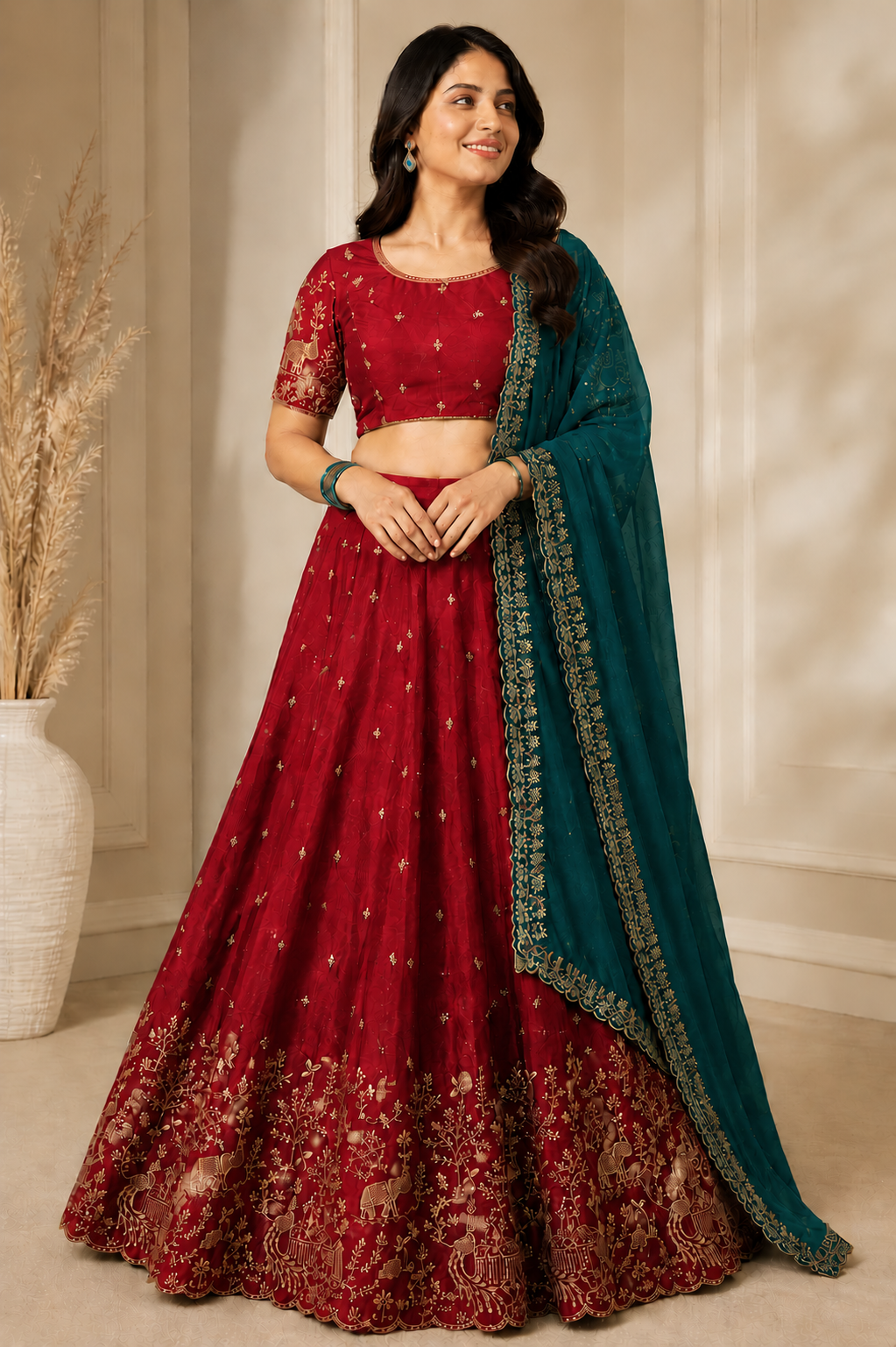 Women Gold Embroidery Work Lehenga Choli with Magenta Dupatta