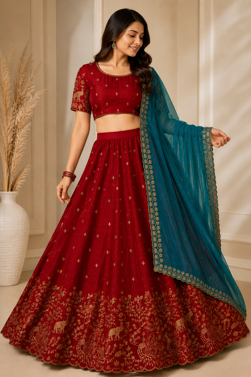 Women Gold Embroidery Work Lehenga Choli with Magenta Dupatta