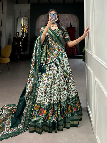 Green Tussar Silk Foil Print Work Navratri Wear Lehenga & Blouse(Unstitched)