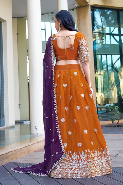 Orange Embroidered Lehenga Choli with Purple Dupatta & Blouse(Unstitched) | Premium Partywear & Wedding Collection