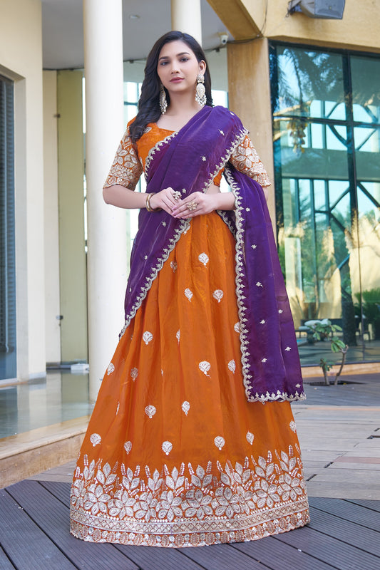 Orange Embroidered Lehenga Choli with Purple Dupatta & Blouse(Unstitched) | Premium Partywear & Wedding Collection