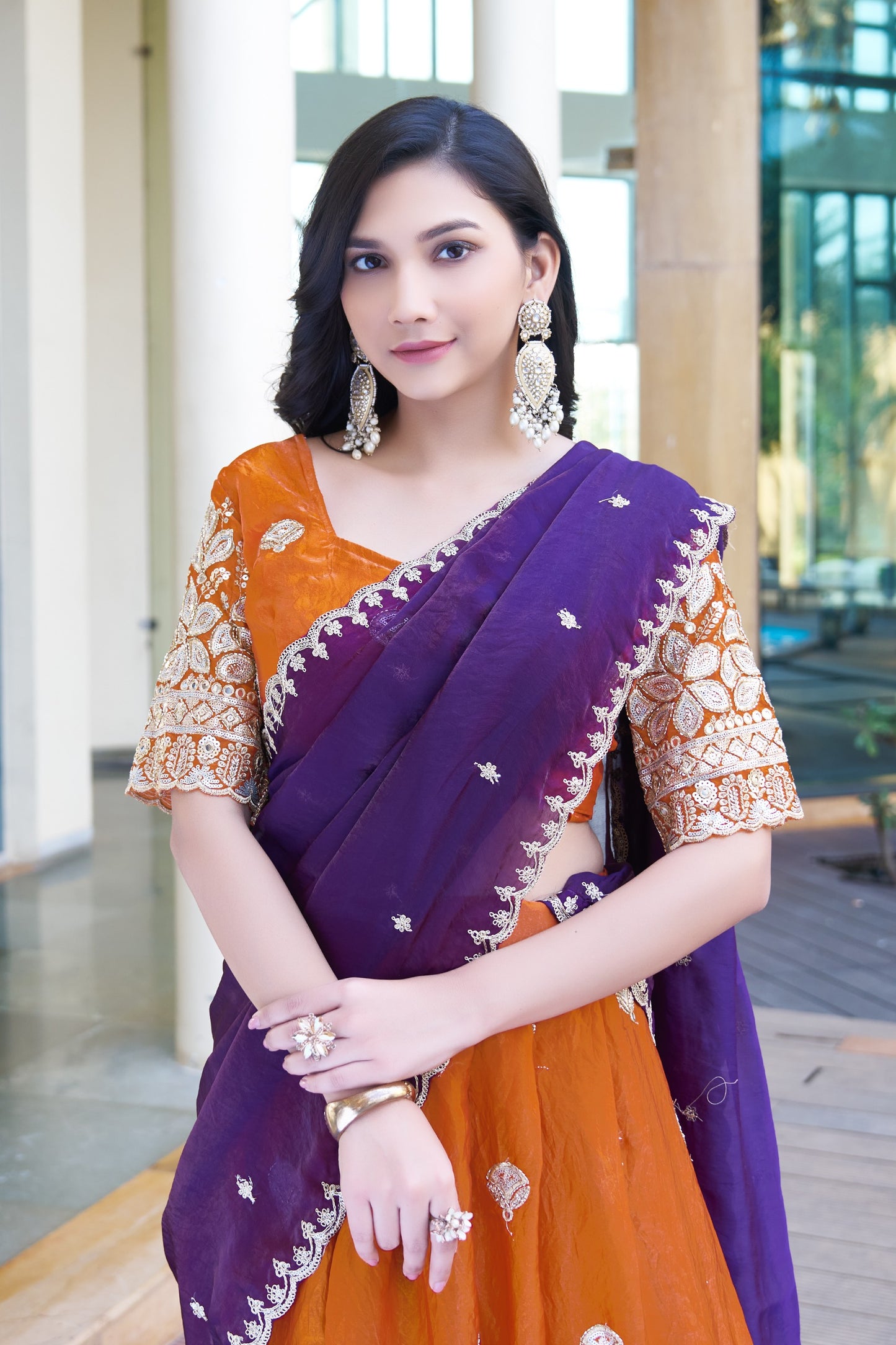 Orange Embroidered Lehenga Choli with Purple Dupatta & Blouse(Unstitched) | Premium Partywear & Wedding Collection