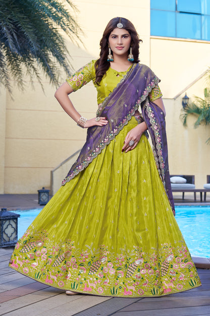 Yellow Embroidered Lehenga Choli with Purple Zari Dupatta | Designer Wedding & Partywear Set
