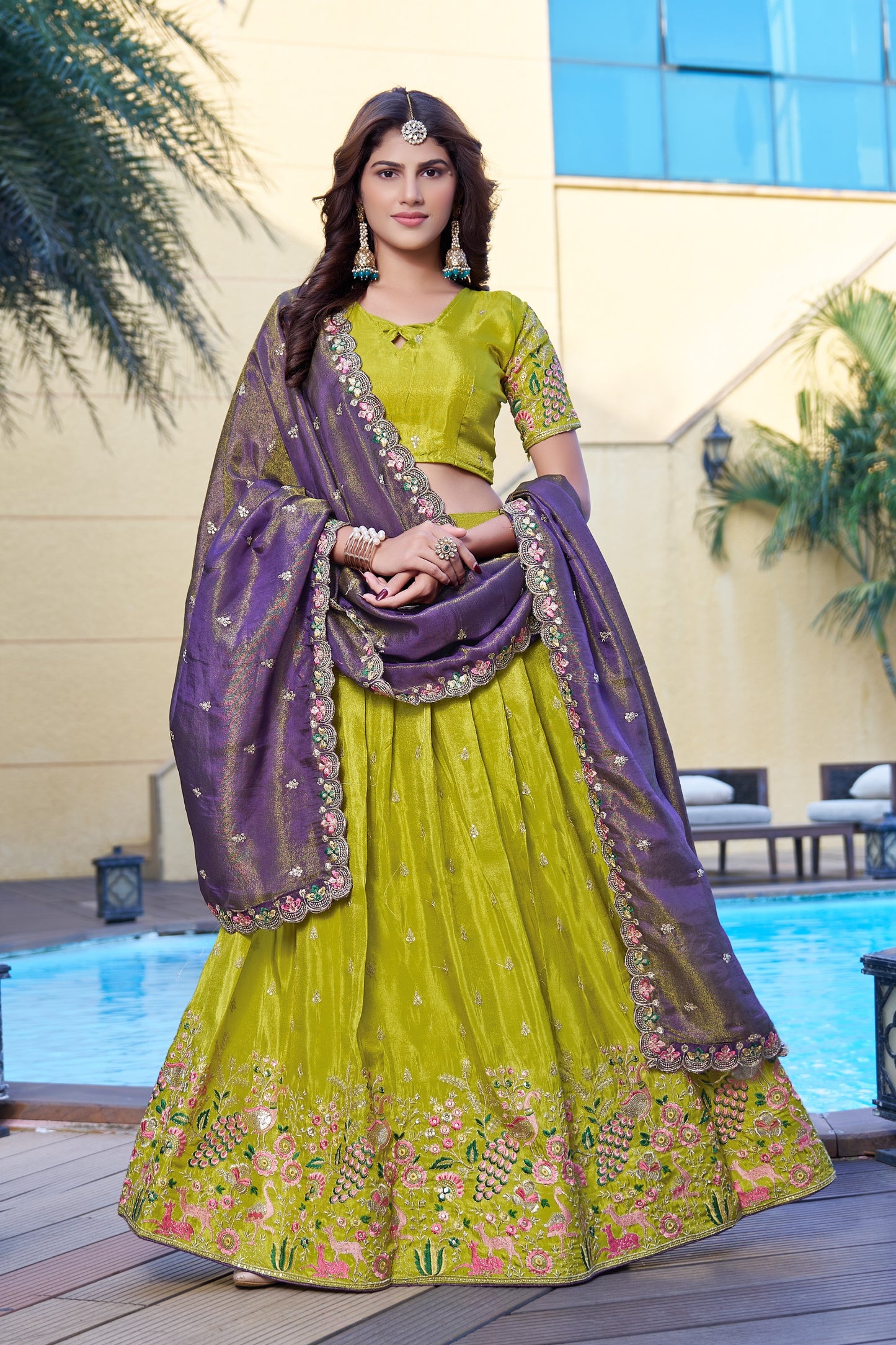 Yellow Embroidered Lehenga Choli with Purple Zari Dupatta | Designer Wedding & Partywear Set