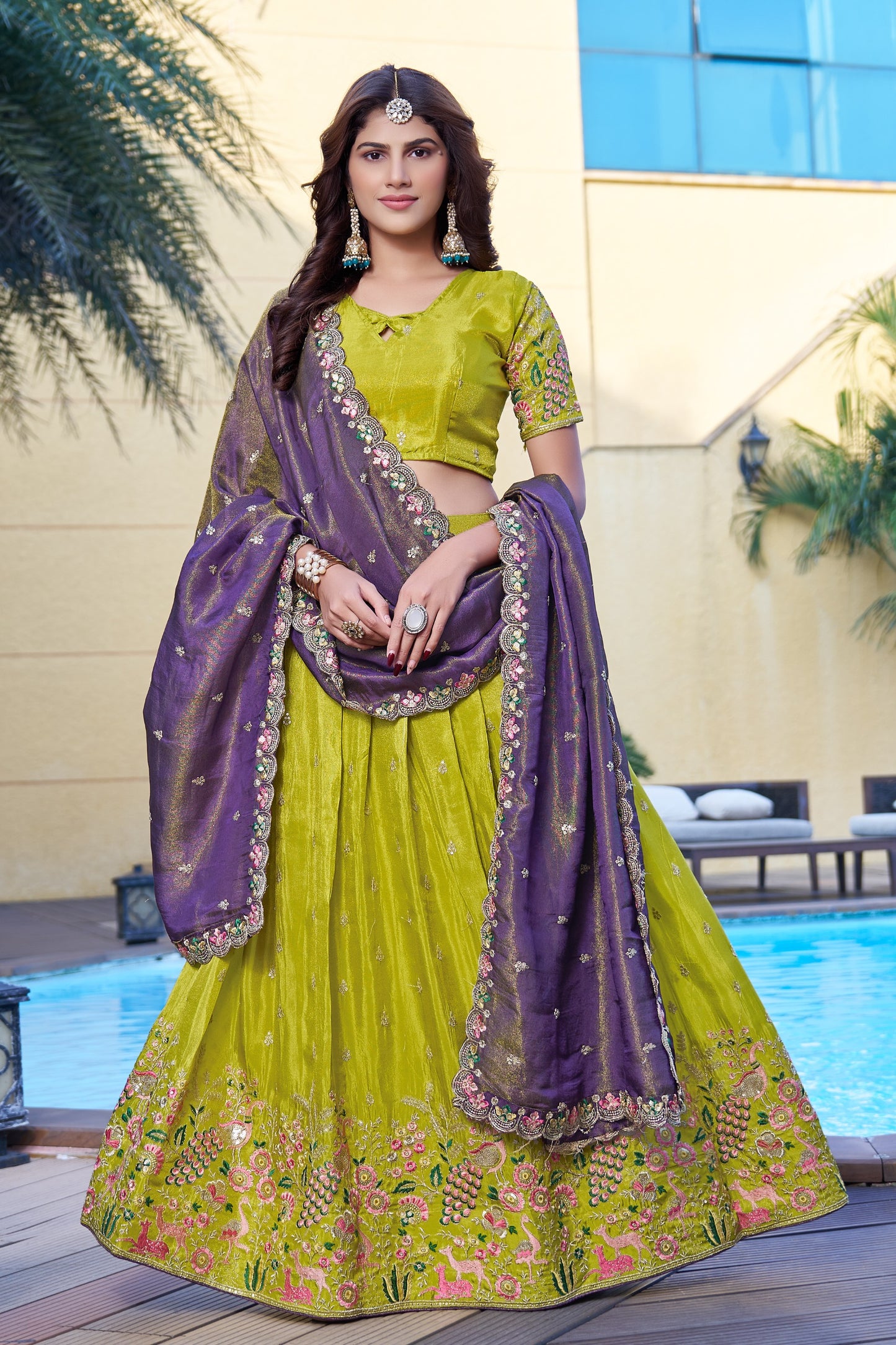 Yellow Embroidered Lehenga Choli with Purple Zari Dupatta | Designer Wedding & Partywear Set