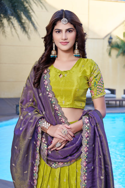 Yellow Embroidered Lehenga Choli with Purple Zari Dupatta | Designer Wedding & Partywear Set
