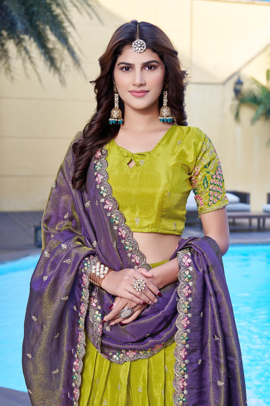Yellow Embroidered Lehenga Choli with Purple Zari Dupatta | Designer Wedding & Partywear Set