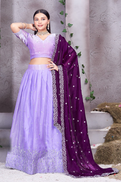 Lavender Embroidered Lehenga Set with & Blouse(Unstitched) Contrast Purple Dupatta